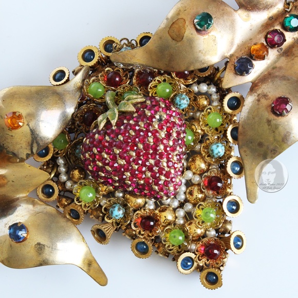 Vintage Butterfly & Berry Necklace Rhinestones Florals By Stephanie Lake Design - Picture 7 of 14